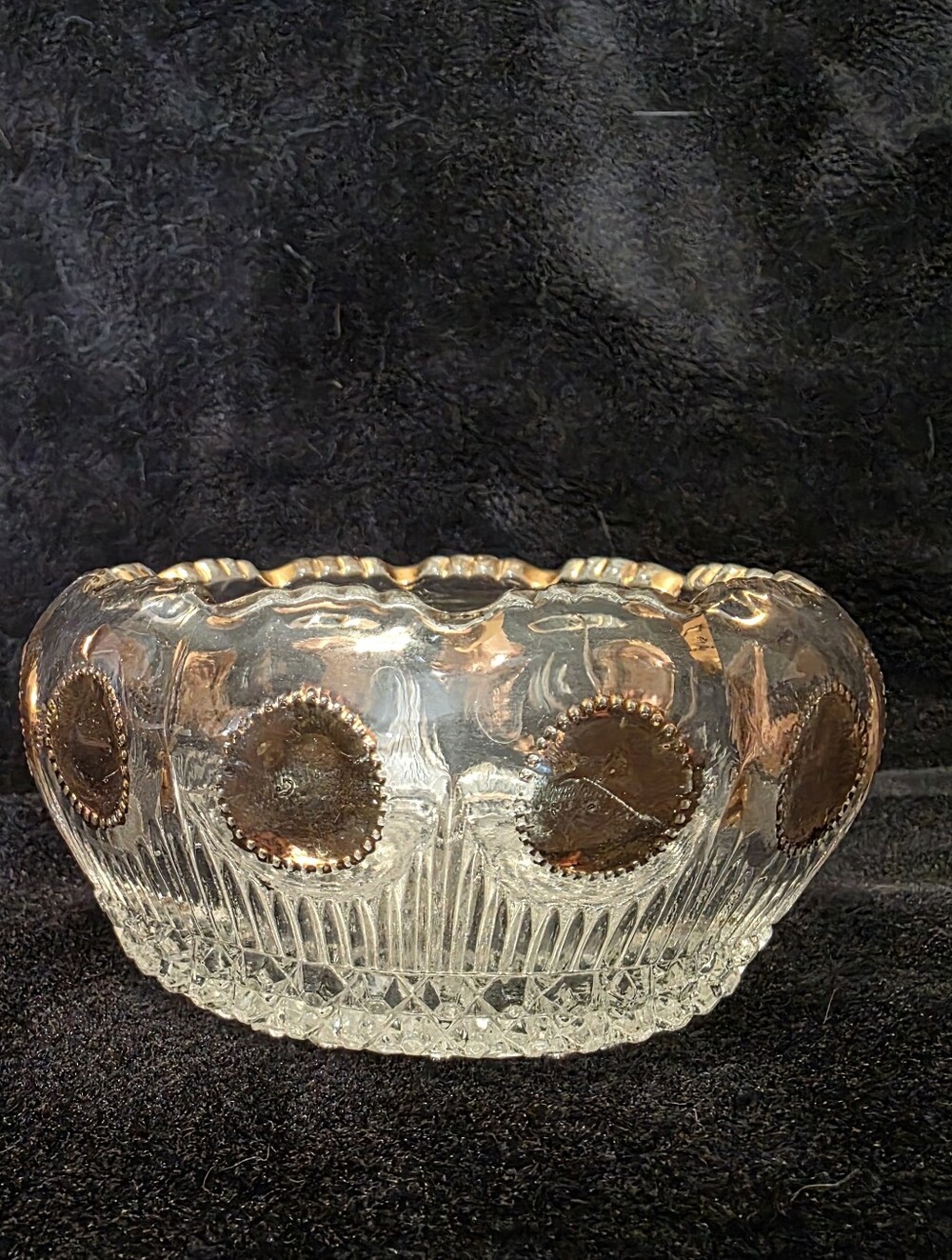 Antique Pressed Glass Small Bowl Manhattan Pattern Gold Trim 4in  D x 2in H
